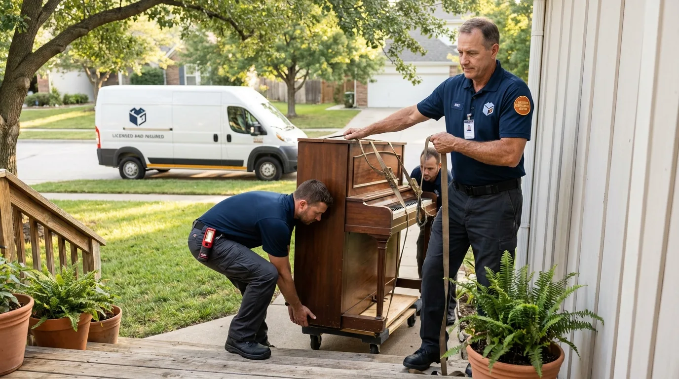 Licensed piano movers securing grand piano in Bordentown, NJ