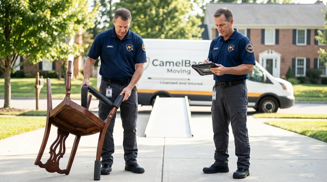 Movers inspecting furniture for damage prevention before loading in Bordentown, NJ