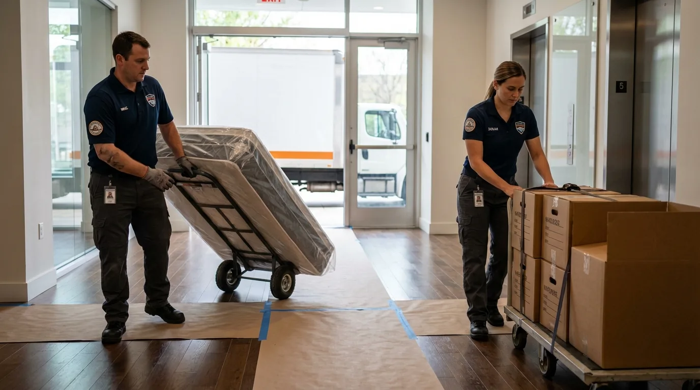 Professional apartment movers loading elevator in Bordentown, NJ