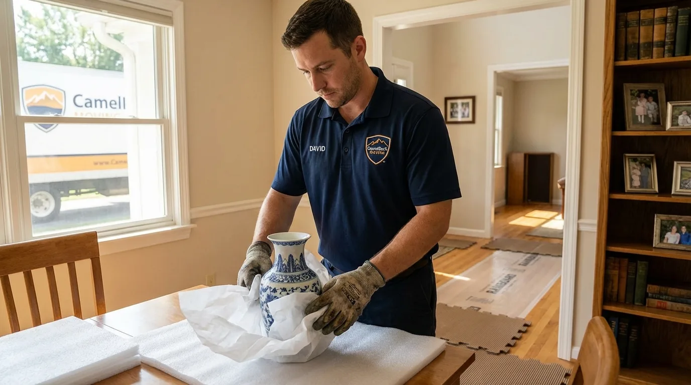 Professional crew carefully wrapping antique vase for senior downsizing move in Bordentown, NJ